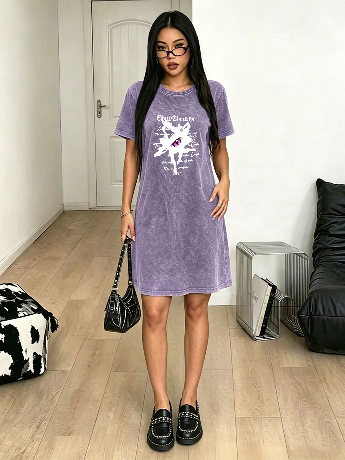 Streetwear Brand With Eye - Gewassen vintage T-shirtjurk voor dames, modieuze